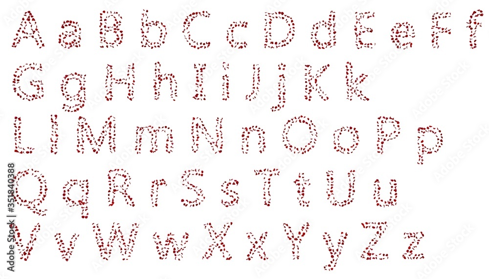 A large collection of letters of the English alphabet from red rose petals