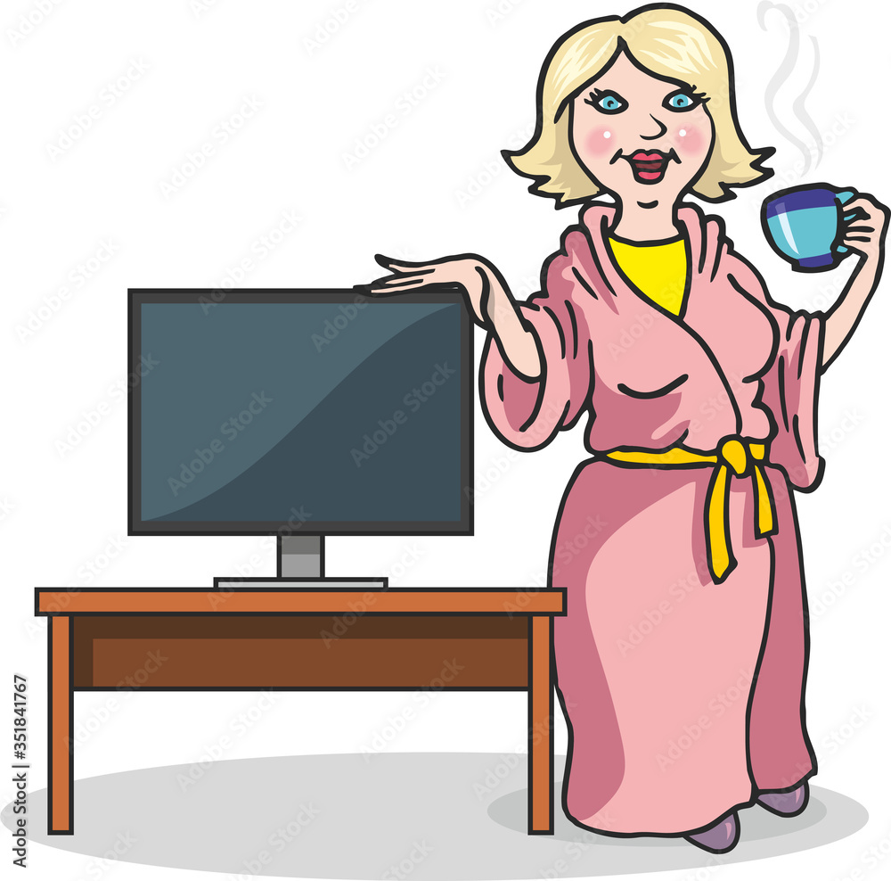 Happy blonde woman in a pink home bathrobe, with a cup in her hands, stands near the computer. Stay at home, work at home. Vector illustration in cartoon style.