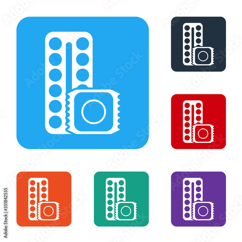White Packaging of birth control pills and condom in package safe sex icon isolated on white background. Contraceptive pill. Set icons in color square buttons. Vector Illustration