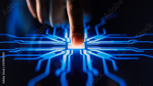 Fotografie Digitalization Concept: Human Finger Pushes Touch Screen Button and Activates Futuristic Artificial Intelligence