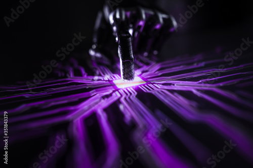 Cyber Security Hacking Concept: Rogue Artificial Intelligence Robot Hand Touches Screen and Creates Computer Virus. Visualization, Digitalization of Cyber Attack, Data Theft, Hacking, Virus Spreading