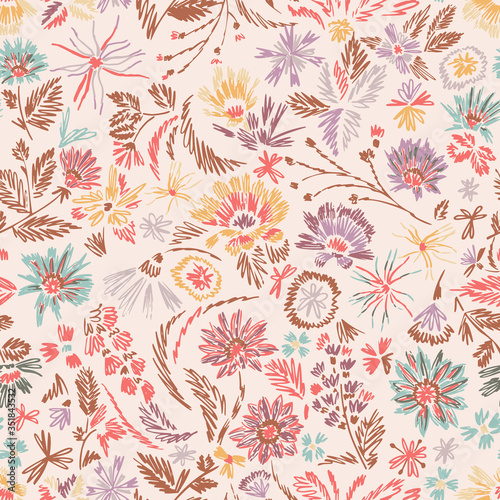 Cartoon botanical seamless pattern. Fun abstractive plants ornament. Graphic pencil line sketch drawing. Flowers, herbs and leaves. Summer fashion design for textile, fabric, clothes and wrapping.
