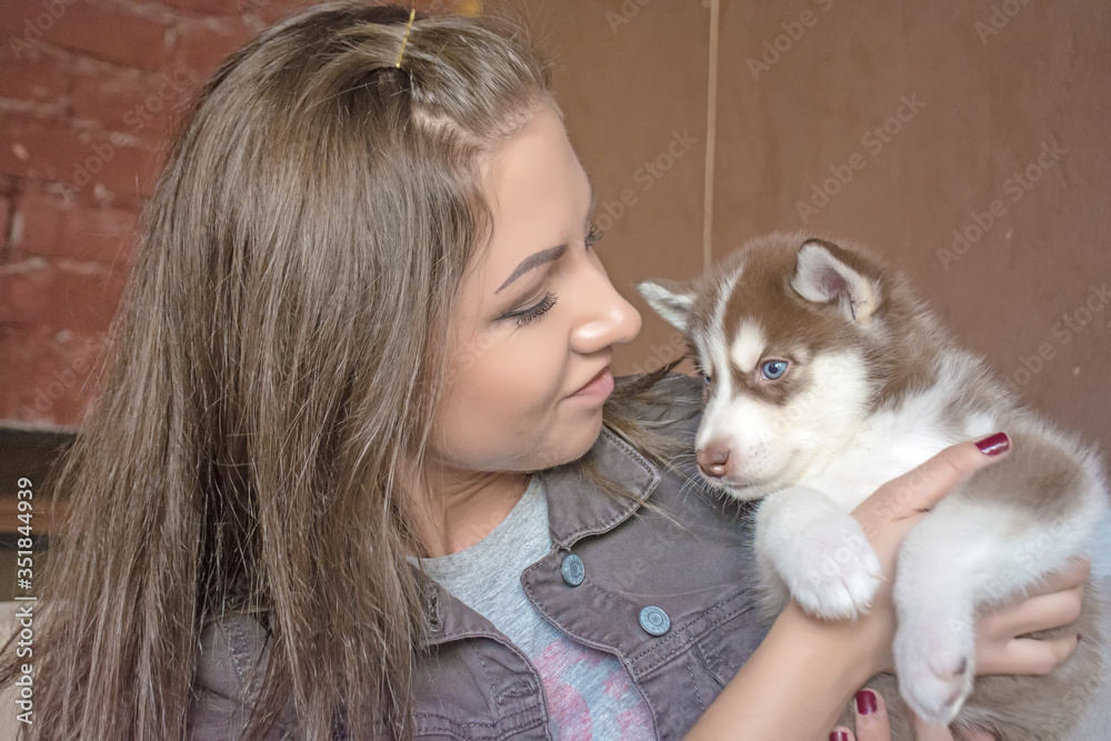 young girl with husky pet young girl with husky pet