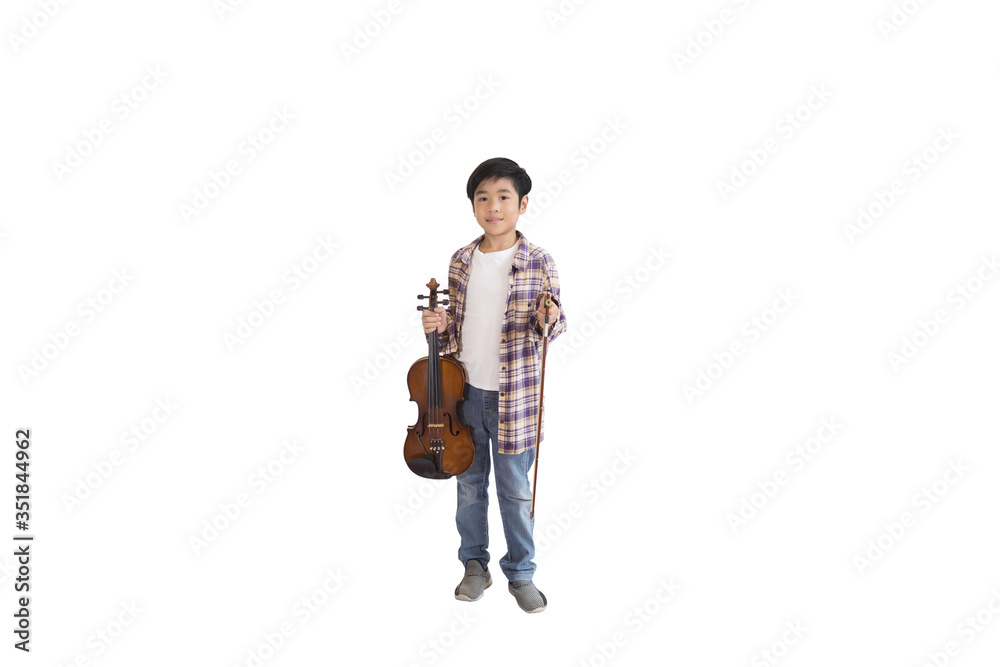 A portrait of a cute Asian elementary school student wearing a jeans and wearing a plaid shirt holding a violin. An isolated image with white background.