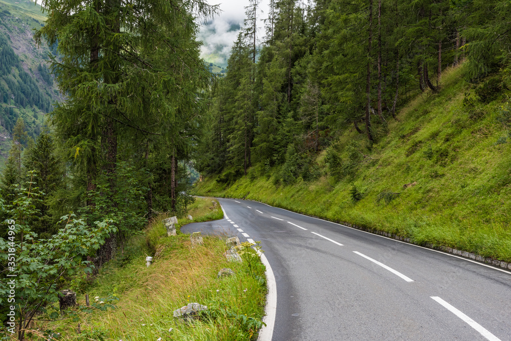 Narrow road in the mountains covered with green forest Narrow road in the mountains covered with green forest