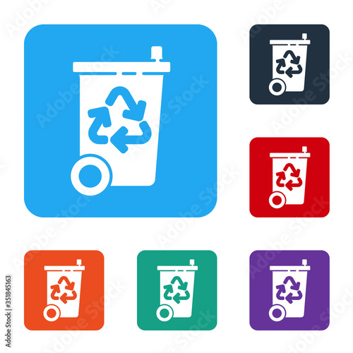 White Recycle bin with recycle symbol icon isolated on white background. Trash can icon. Garbage bin sign. Recycle basket sign. Set icons in color square buttons. Vector Illustration