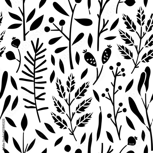 Seamless floral pattern. Vector background with plants, leaves and branches. Black and white botanical design for fabric and textile