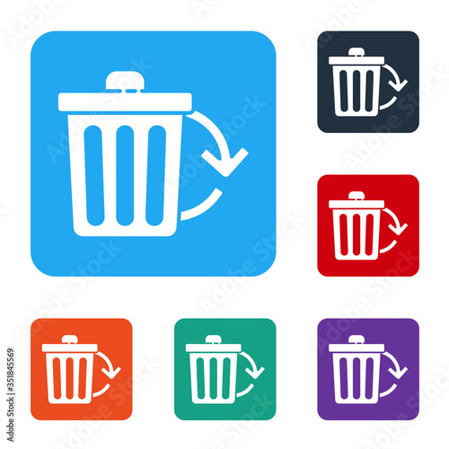 White Recycle bin with recycle symbol icon isolated on white background. Trash can icon. Garbage bin sign. Recycle basket sign. Set icons in color square buttons. Vector Illustration