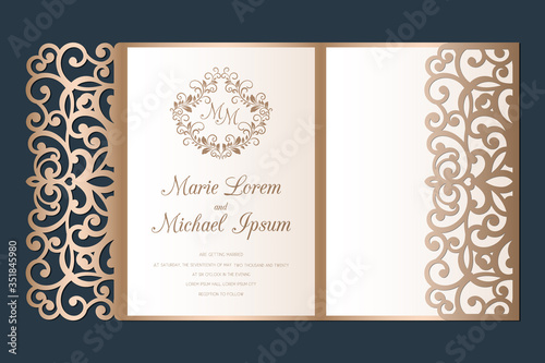 Laser cut wedding invitation Tri fold pocket envelope template vector. Suitable for greeting cards, invitations, menus.