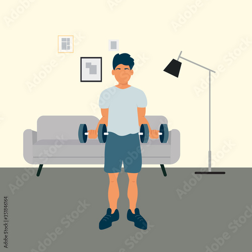 Man doing sports at home. Stay home and workout. Flat character illustration. Home workout.