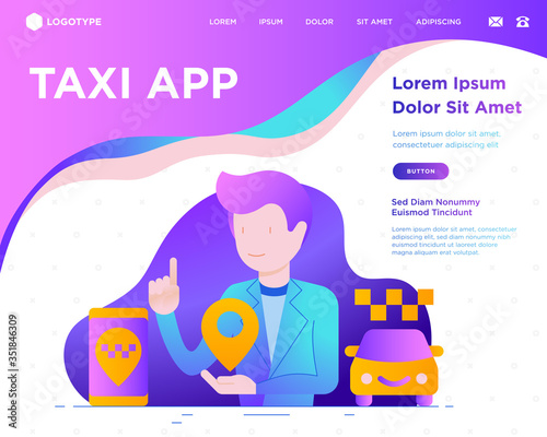 Man using taxi app. Web page template with flat icons: app settings, info, support service, location, pointer, route, destination. Vector illustration.