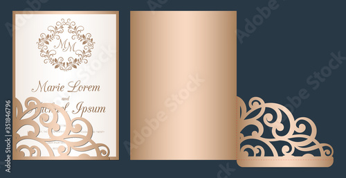 Laser cut wedding invitation template vector. Wedding openwork pocket envelope with abstract cutting ornament. Suitable for greeting cards, invitations, menus.