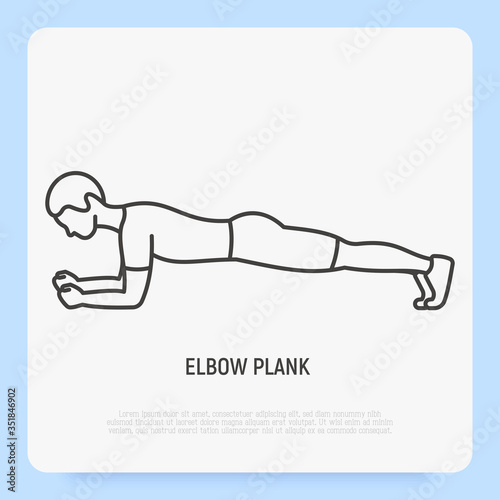 Man in elbow plank. Thin line icon. Guide for workout. Side view. Training for muscles of the back and abs. Vector illustration.