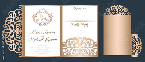 Laser cut wedding invitation Tri fold pocket envelope template vector. Suitable for greeting cards, invitations, menus.