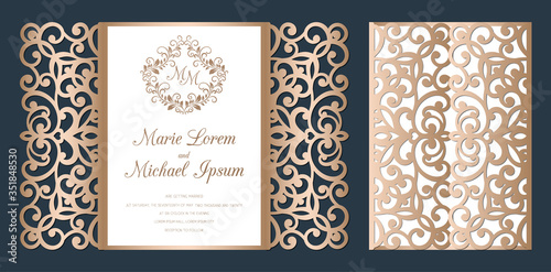 Laser cut wedding invitation gate fold card template vector. Paper cutting card with lace pattern.