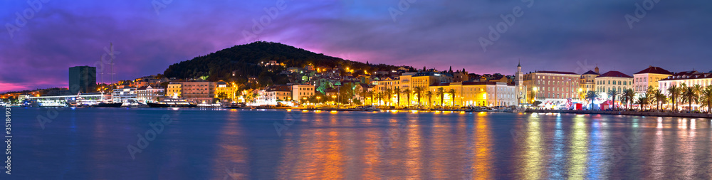 Split waterfront and Marjan hill colorful dusk panoramic view
