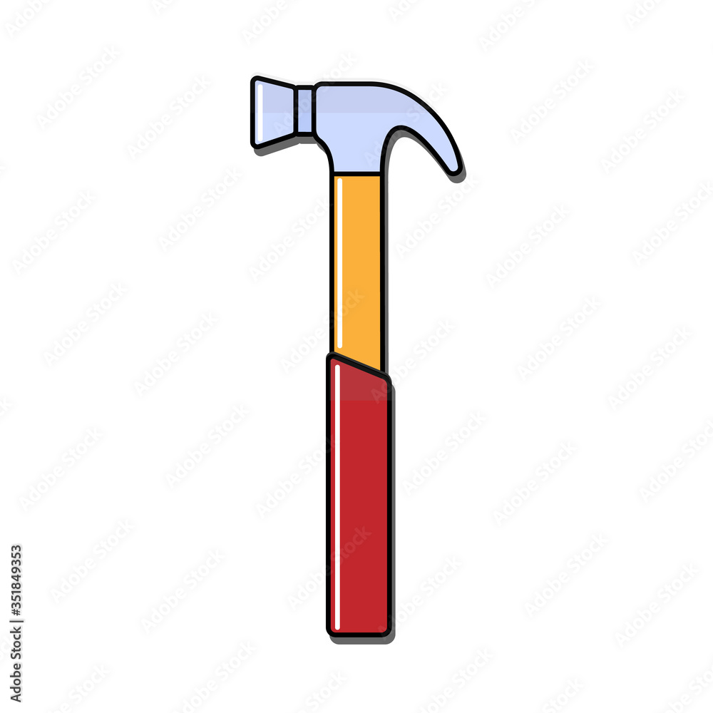 Construction blue and red icon of a manual metal hammer with a wooden handle with a shadow intended for building and carpentry work, for driving nails. Construction tool. Vector illustration Construction blue and red icon of a manual metal hammer with a wooden handle with a shadow intended for building and carpentry work, for driving nails. Construction tool. Vector illustration