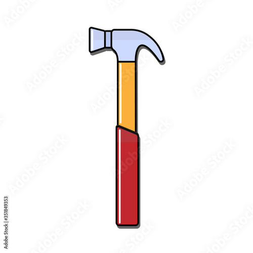 Construction blue and red icon of a manual metal hammer with a wooden handle with a shadow intended for building and carpentry work, for driving nails. Construction tool. Vector illustration