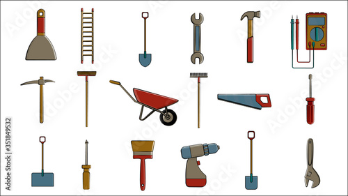 A large set of icons for construction, plumbing, garden, repair, tools: shovel, wrenches multimeter, saw, hammer, brush, mop, rake, trolley, spatula, screwdriver, pickaxe, ladder. Vector illustration
