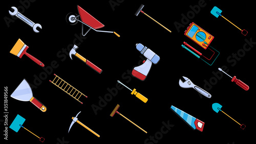 A large set of icons for construction, plumbing, garden, repair, tools: shovel, wrenches multimeter, saw, hammer, brush, mop, rake, trolley, spatula, screwdriver, pickaxe, ladder. Vector illustration