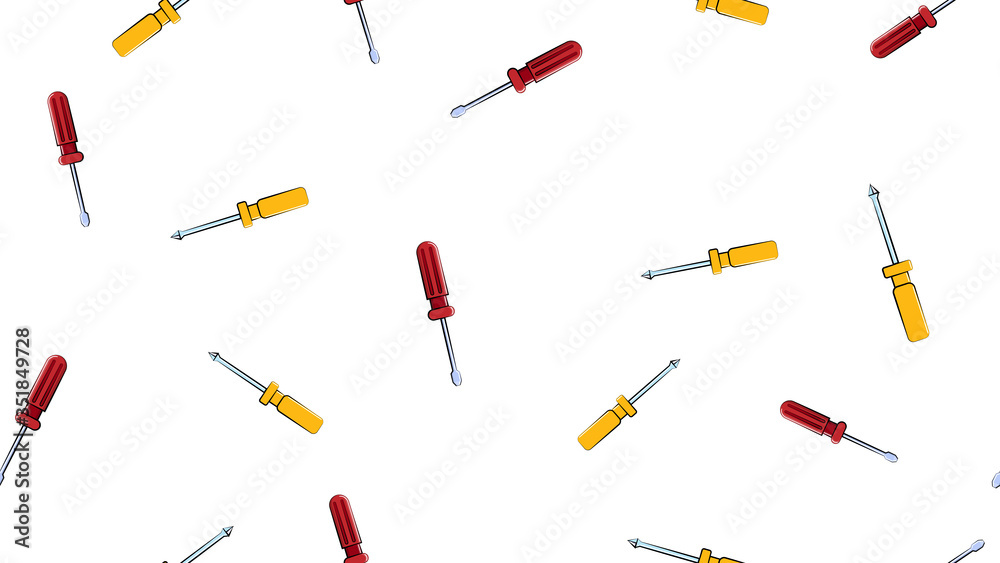 Texture, seamless abstract pattern of metal construction plastic yellow and red screwdrivers for repair, tool on white background. Vector illustration