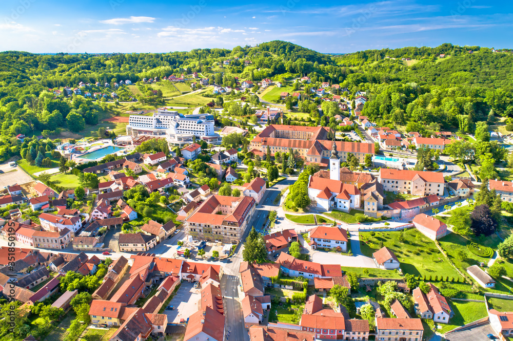 Town of Varazdinske Toplice in green hillside landscape aerial view