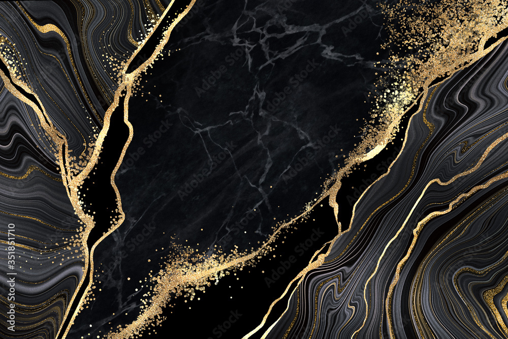 Fototapeta premium abstrakcyjne tło z czarnego marmuru ze złotymi żyłkami, japońska technika kintsugi, fałszywa malowana tekstura sztucznego kamienia, marmurkowa powierzchnia, cyfrowa marmurkowa ilustracja