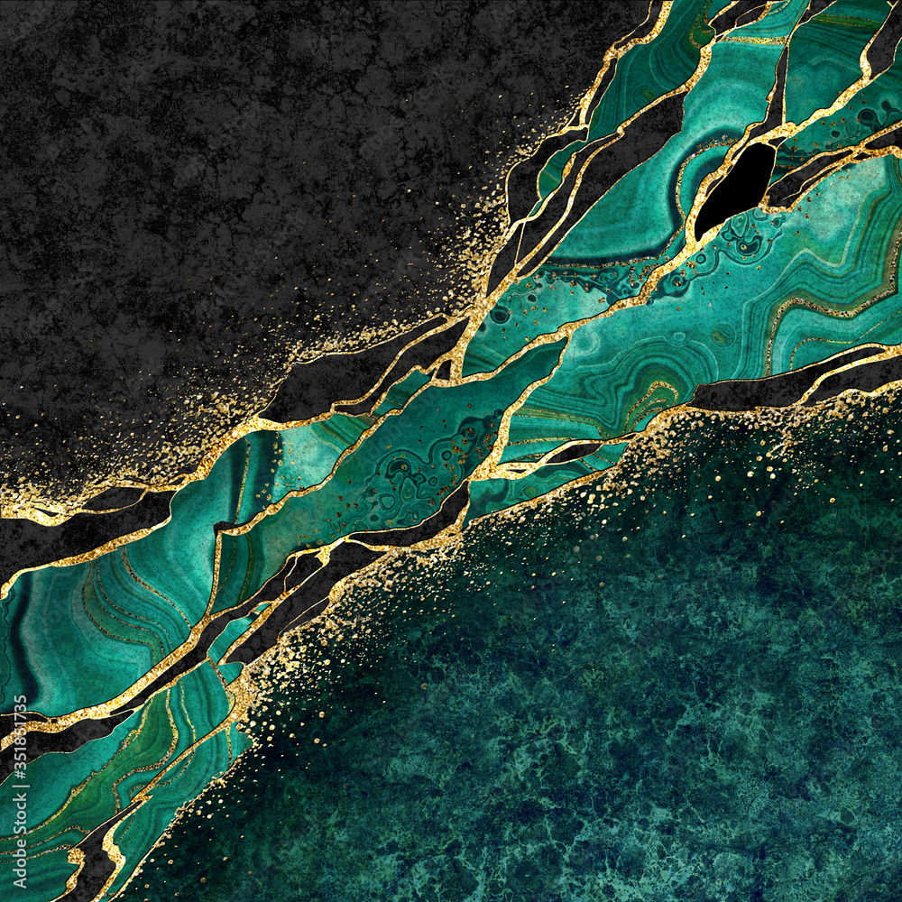 Fototapeta Zielony Malachit ze zdobieniami w kolorze złota - abstrakcyjne tło