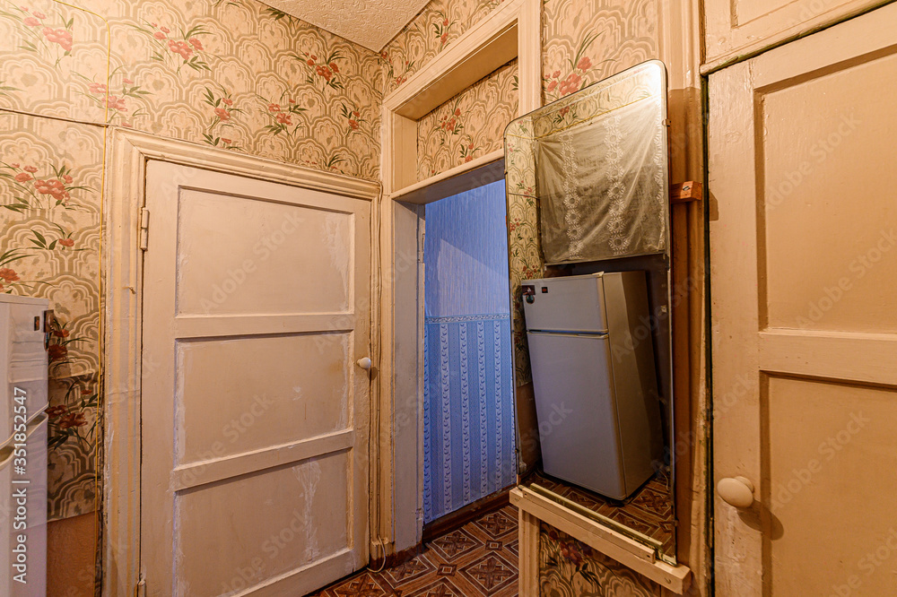 Russia, Moscow- January 27, 2020: interior room apartment decrepit old careless not modern setting. cosmetic repairs required
