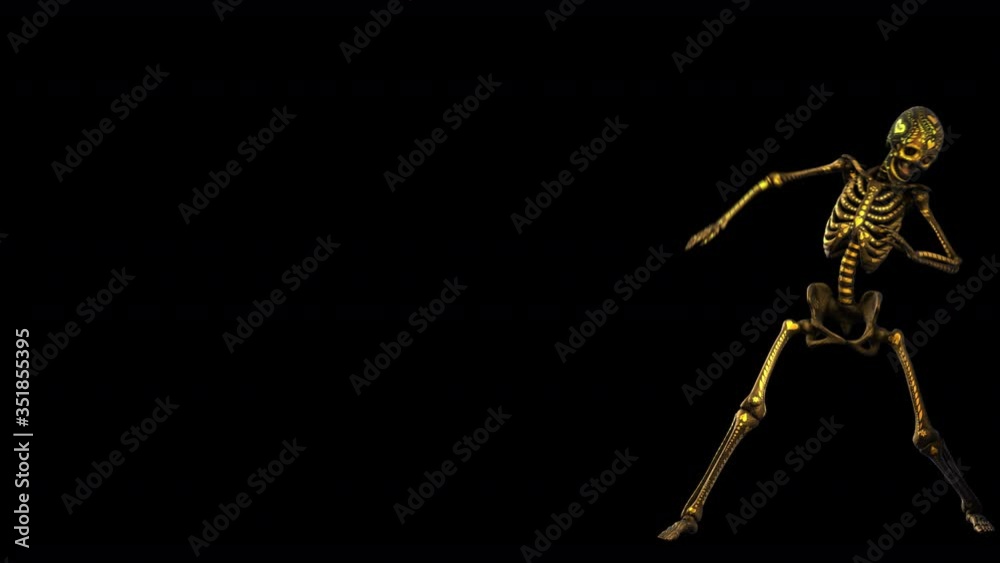 Seamless elegant animation gold metal dancing skeleton with shiny embroidery pattern. Funny halloween dark background with black and gold texture isolated, with alpha channel. Seamless elegant animation gold metal dancing skeleton with shiny embroidery pattern. Funny halloween dark background with black and gold texture isolated, with alpha channel.