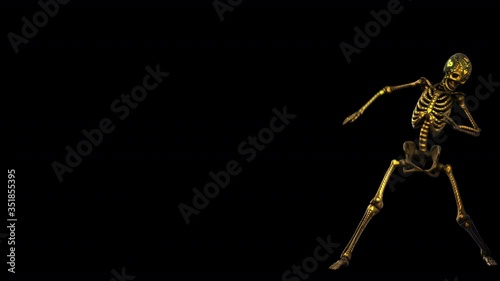 Seamless elegant animation gold metal dancing skeleton with shiny embroidery pattern. Funny halloween dark background with black and gold texture isolated, with alpha channel. photo