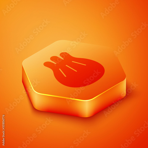 Isometric Khinkali on cutting board icon isolated on orange background. Traditional georgian dumpling. Orange hexagon button. Vector Illustration