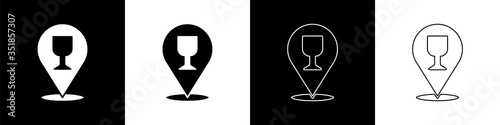 Set Alcohol or beer bar location icon isolated on black and white background. Symbol of drinking, pub, club, bar. Vector Illustration