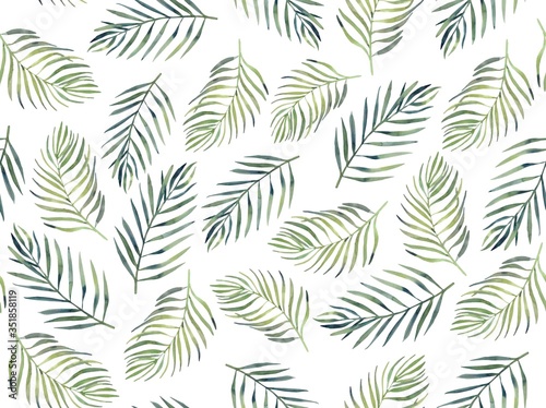 Watercolor seamless pattern with green leaves on the white background.