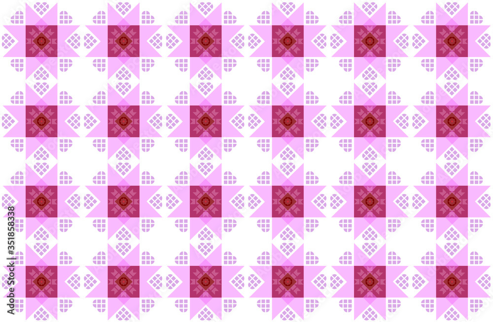 Repeating pattern of pink stars made from angular blocks and surrounded by pink hearts against a white background Repeating pattern of pink stars made from angular blocks and surrounded by pink hearts against a white background