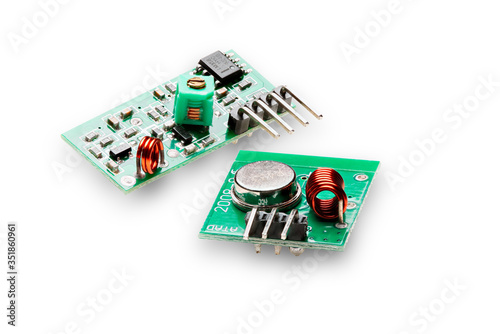 Micro 433MHz UHF Radio Transmitter and Receiver Modules Isolated on White Background