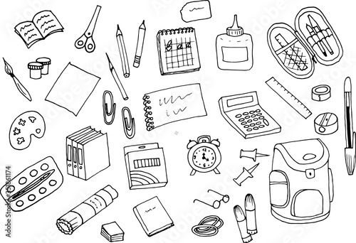 School subject. Office supplies. A set of drawings by hand.