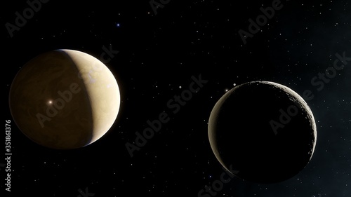 beautiful alien planet in far space, realistic exoplanet, planet similar to Earth, detailed planet surface, space background 3d render photo