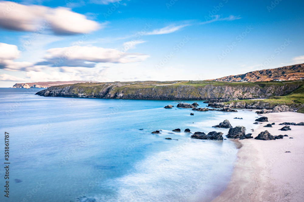 Sango Sands Beach Durness in the dramatic highlands of scenic Scotland, fantastic adventure travel destination or holiday vacation to view picturesque scenery at sunrise or sunset Sango Sands Beach Durness in the dramatic highlands of scenic Scotland, fantastic adventure travel destination or holiday vacation to view picturesque scenery at sunrise or sunset