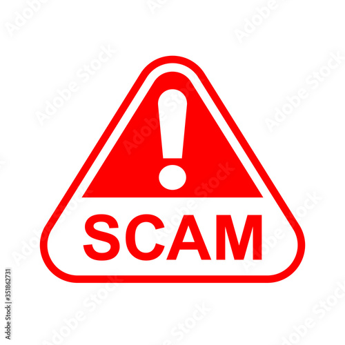 scam triangle sign red for icon isolated on white, scam warning sign graphic for spam email message and error virus, scam alert icon triangle for hacking crime technology symbol concept