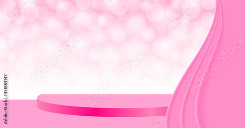 pink pedestal stage on bokeh and curtain pink, stage podium 3d with curtains for cosmetics product display show, pink pedestal stand deluxe for backdrop, stage pedestal for award and success concept