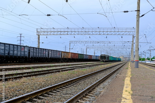  Railroad rails in Russia. Concrete sleepers