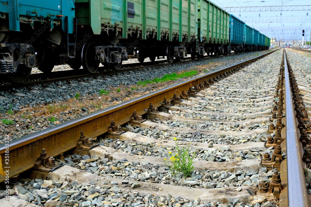 
Railroad rails in Russia. Concrete sleepers