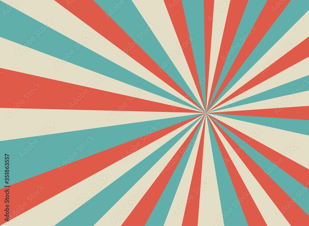 Fototapeta premium Sunlight retro faded horizontal background. Pale red, blue and beige color burst backdrop. Fantasy Vector illustration.