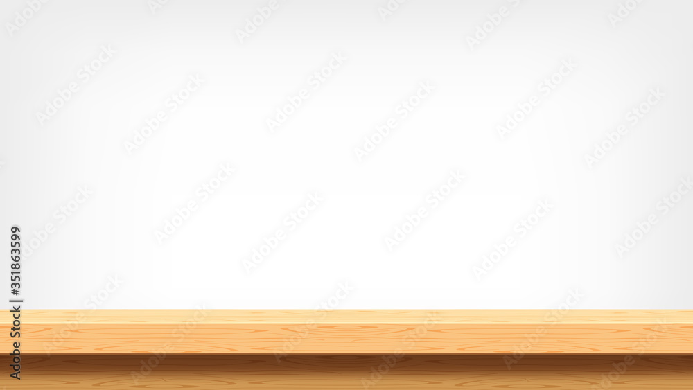 wood plank empty front view for background and copy space, blank table top wooden brown for decoration room, vintage wood plank for background, wooden table on grey wall, table wood plank front view