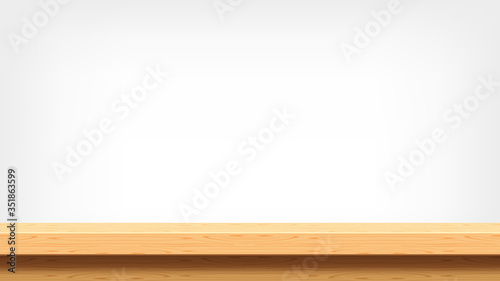 wood plank empty front view for background and copy space, blank table top wooden brown for decoration room, vintage wood plank for background, wooden table on grey wall, table wood plank front view