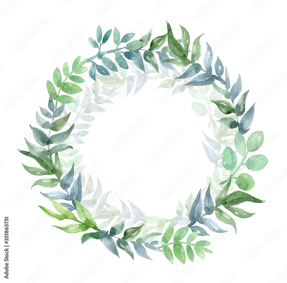 Watercolor illustration of easter wreath. Hand-drawn illustration isolated on white background. Spring green chaplet of roses.