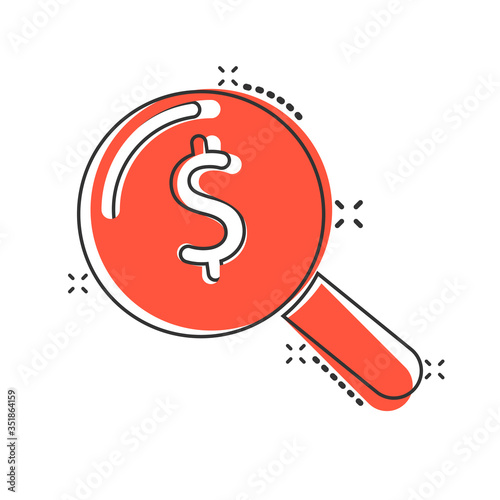 Magnifier glass with money icon in comic style. Dollar search cartoon vector illustration on white isolated background. Financial currency splash effect business concept.