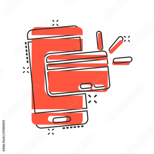 Smartphone paying icon in comic style. Nfc credit card cartoon vector illustration on white isolated background. Banking splash effect business concept.