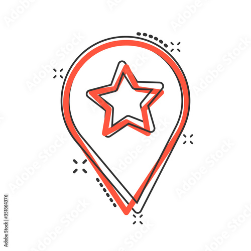 Map pin icon in comic style. GPS navigation cartoon vector illustration on white isolated background. Locate position splash effect business concept.